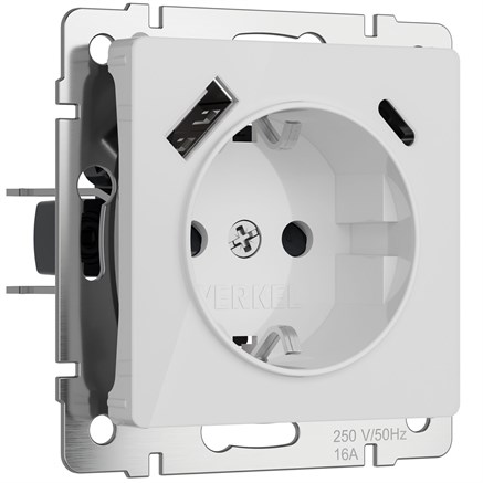 Розетка с заземлением, шторками и USB тип A+C (белый акрил), Werkel, W1171741 - фото 110930